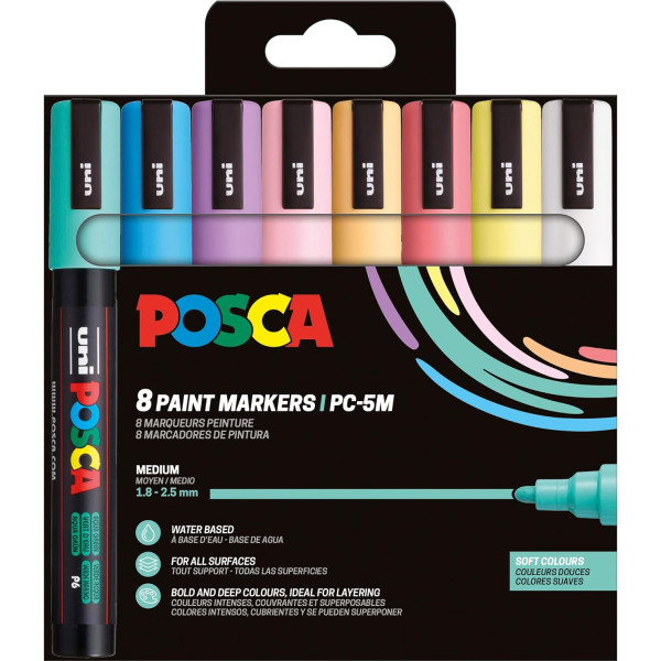 photo-Pochette 8 marqueurs POSCA - PC5M - Couleurs douces - Pointe moyenne