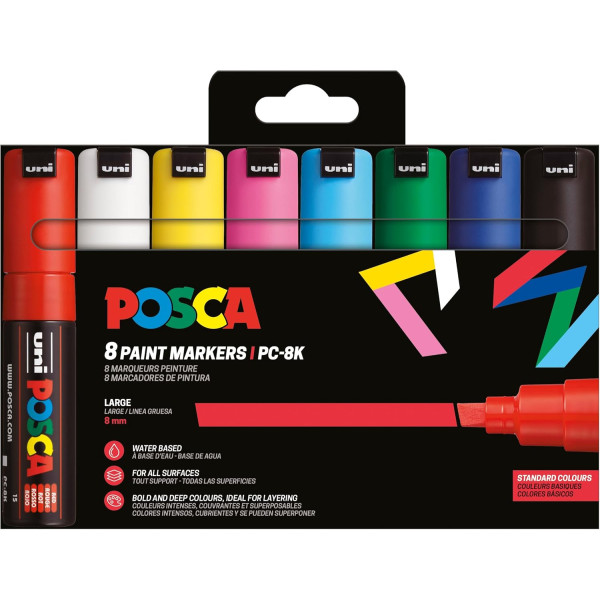 photo-Pochette 8 marqueurs POSCA - PC8K - Couleurs basiques - Pointe large biseautée