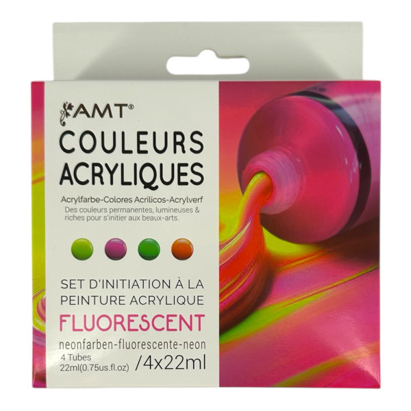 photo-Peinture acrylique - Couleurs fluorescentes - 4 tubes de 22ml - Set d'initiation - AMT