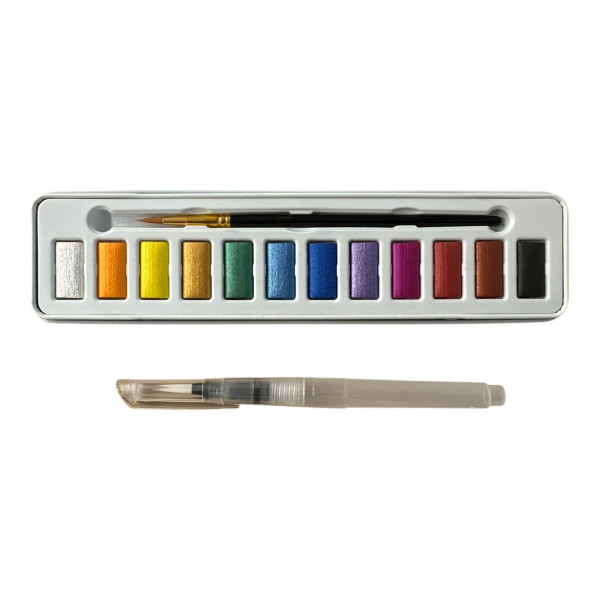 photo-Peinture aquarelle - Boîte 12 godets - Couleurs métallisées - 2 pinceaux inclus - AMT
