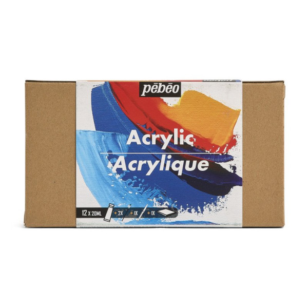 photo-Peinture acrylique - Coffret 12 tubes de 20ml + 2 pinceaux + couteau + carton toilé - Pébéo