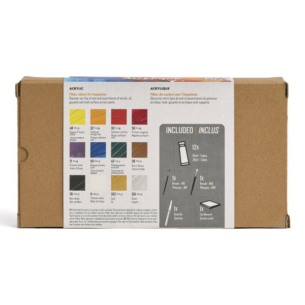 Peinture acrylique - Coffret 12 tubes de 20ml + 2 pinceaux + couteau + carton toilé - Pébéo