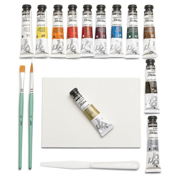 Peinture acrylique - Coffret 12 tubes de 20ml + 2 pinceaux + couteau + carton toilé - Pébéo