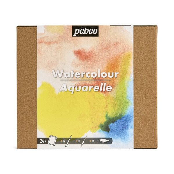 photo-Peinture aquarelle - Coffret 24 demi godets + 1 pinceau + 1 feutre + 1 carnet - Pébéo