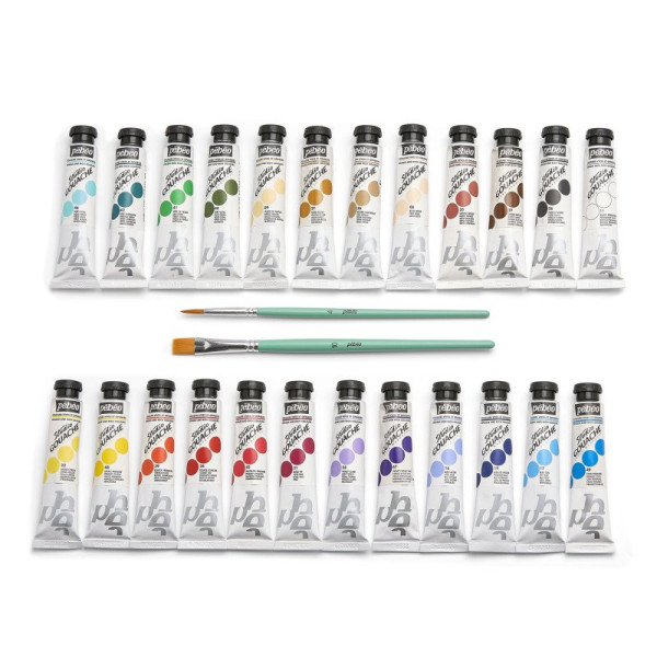 Peinture gouache - Beaux-arts - Coffret 24 tubes de 20ml + 2 pinceaux - Pébéo