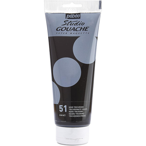 photo-Tube de peinture gouache - Noir trichrome - 51 - Fine - Pébéo - Studio Gouache - 220ml