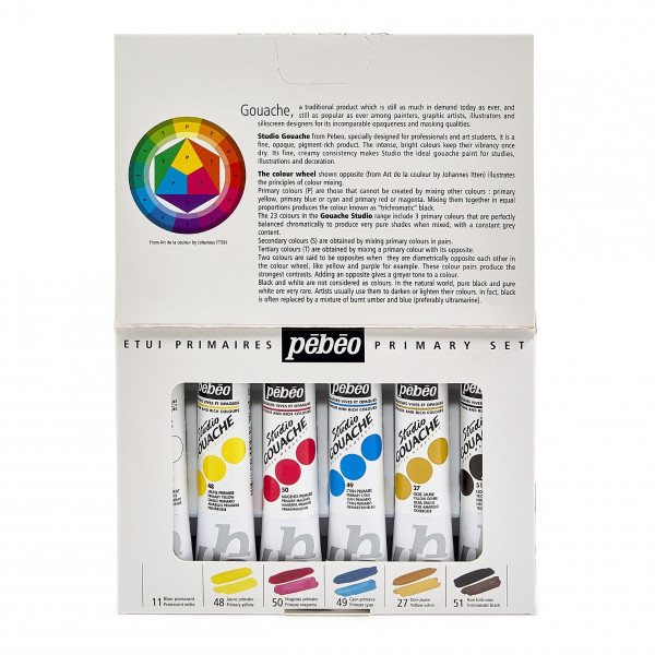6 tubes de peinture - Gouache - Couleurs primaires - Beaux-arts - Pébéo studio - 20ml