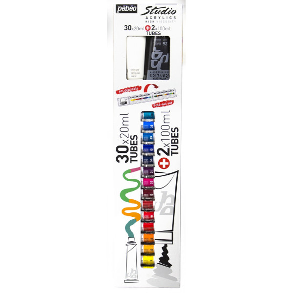 photo - Peinture acrylique - Étude et Fine - 30 tubes de 20 ml + 2 tubes de 100ml - Pébéo Studio Acrylics