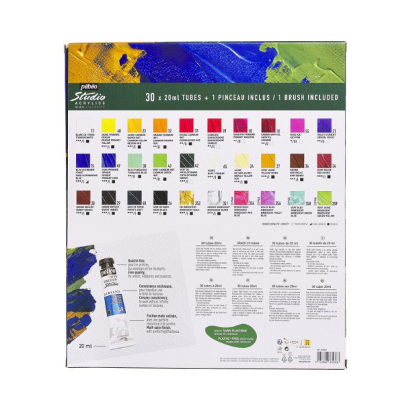 Peinture acrylique - Fine - Haute viscosité - 30 tubes de 20 ml + 1 pinceau - Pébéo Studio Acrylics