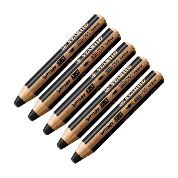 photo-5 crayons de couleur - Noir - Woody 3in1 - Grosse mine - Tous supports - STABILO