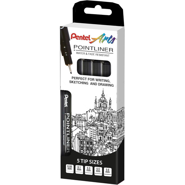photo - Pochette de 5 feutres de dessin - Pointliner - Dessin et écriture - Assortiment - Pentel Arts