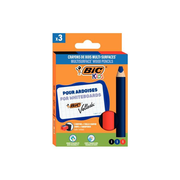 photo - Étui de 3 crayons de couleur - Multi-surfaces - Avec taille-crayon et chiffon - Bic Kids
