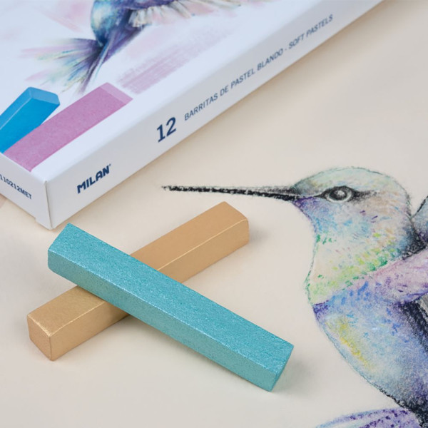 Pastels souple - 12 bâtons - Couleurs métalliques - Scolaire - Coloriage - Milan