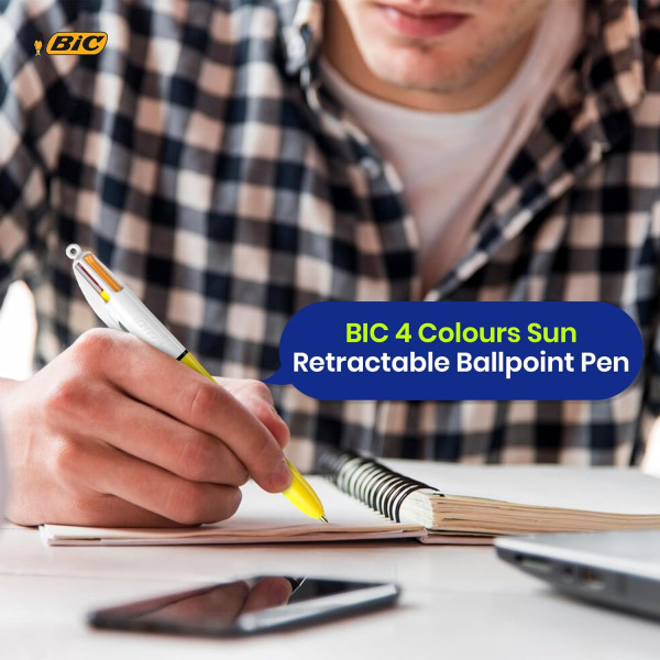 Stylo bille - 4 couleurs - Pointe moyenne - Bic - Corps jaune