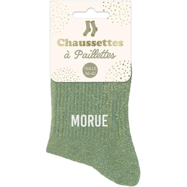 Chaussettes - Femme - Vert avec paillettes - Morue - Taille 36/42 - Humour - Cadeau