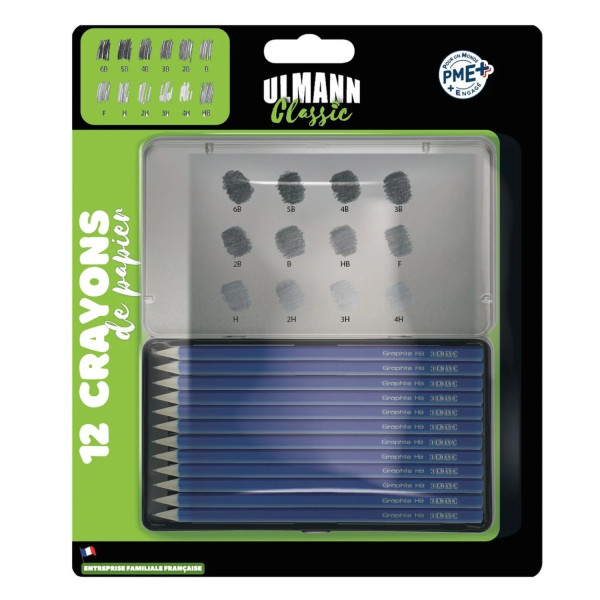 photo - 12 crayons graphite - Assortiment de dureté - Etui métal - Scolaire - Dessin - Ulmann