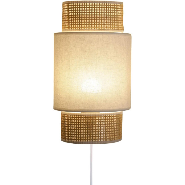 Applique murale - Lampe - Rotin et tissu - Blanc - 18x9,5x33 cm - Culot E14 - Chambre - Salon