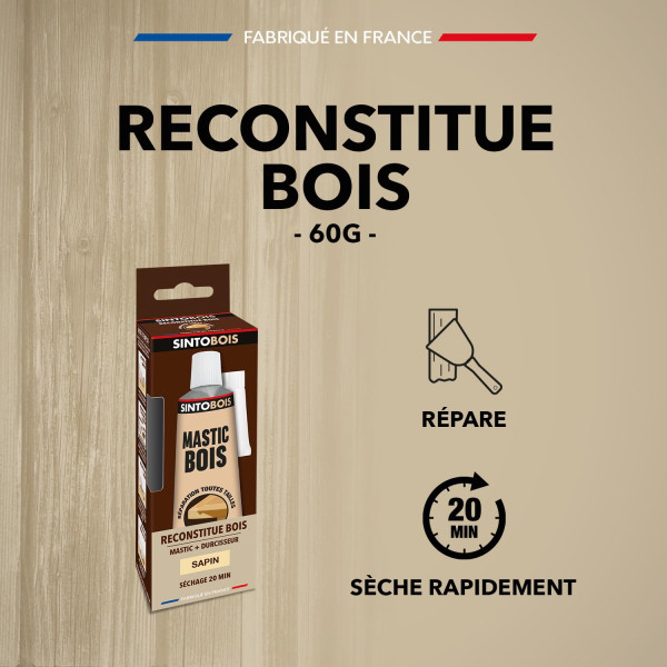 Tube de mastic à bois - Avec durcisseur - Réparation toutes tailles - Teinte sapin - 60g