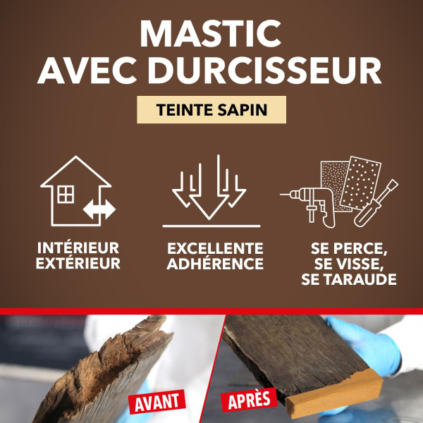 Tube de mastic à bois - Avec durcisseur - Réparation toutes tailles - Teinte sapin - 60g