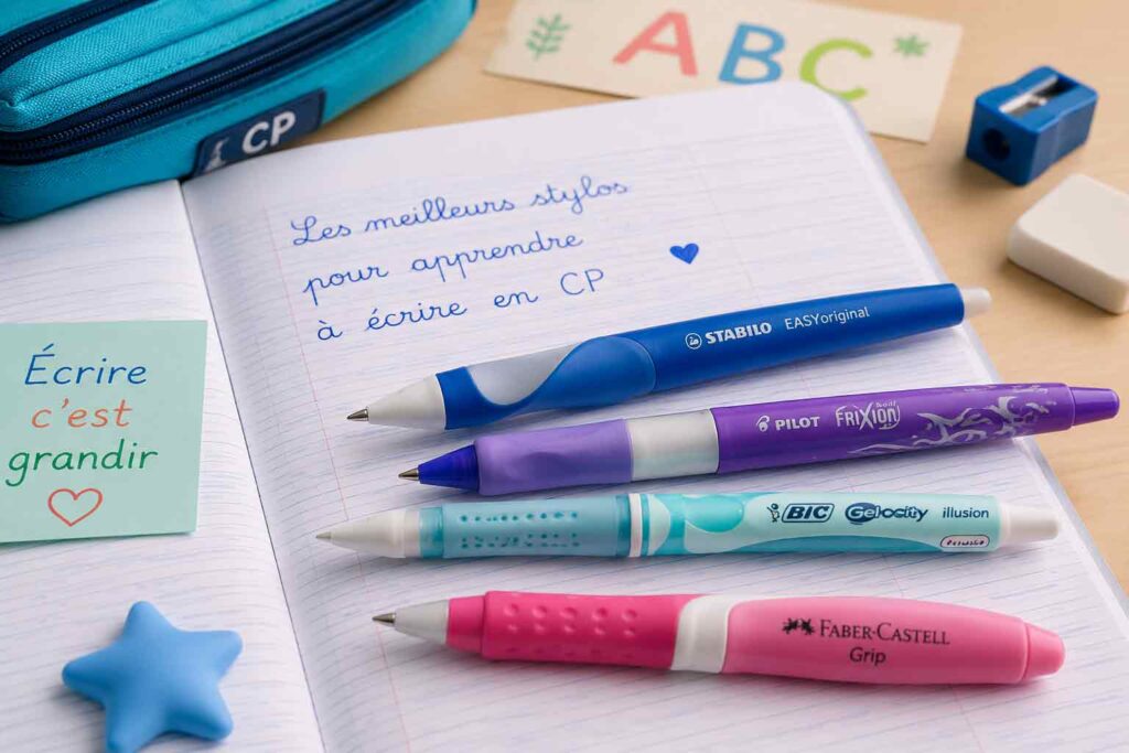 Meilleurs stylos pour apprendre à écrire en CP posés sur un cahier d'écriture avec lignes Seyès
