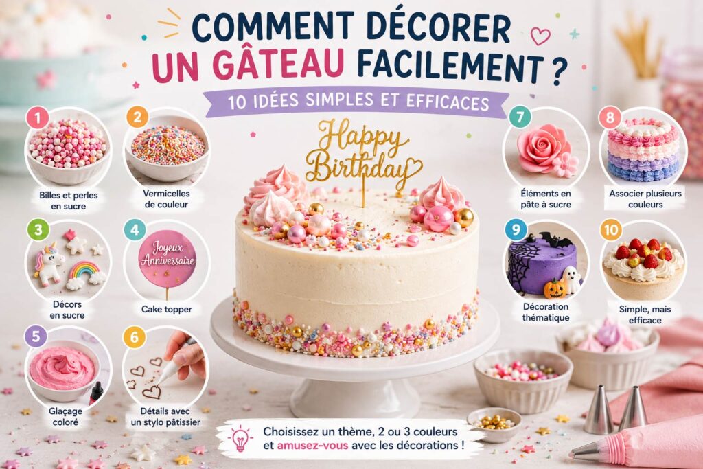 Comment décorer un gâteau facilement avec perles en sucre, vermicelles, cake topper, glaçage coloré et pâte à sucre