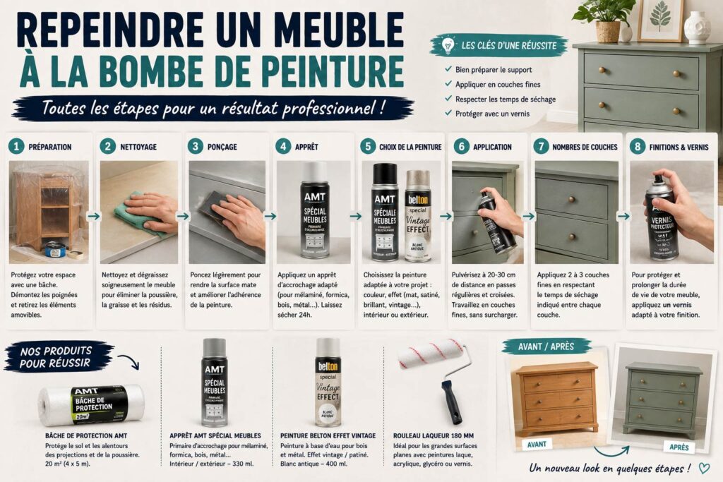 Repeindre un meuble à la bombe : préparation, ponçage, apprêt, application de la peinture et vernis de finition