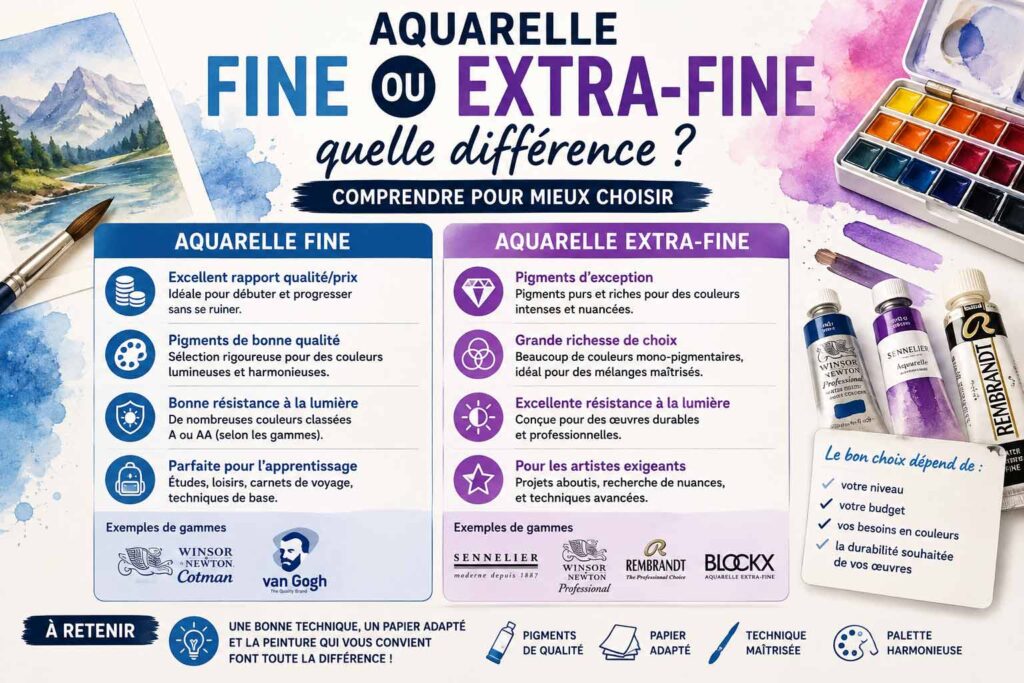 Aquarelle fine ou extra-fine : différences de pigments, résistance à la lumière, prix et niveau de pratique