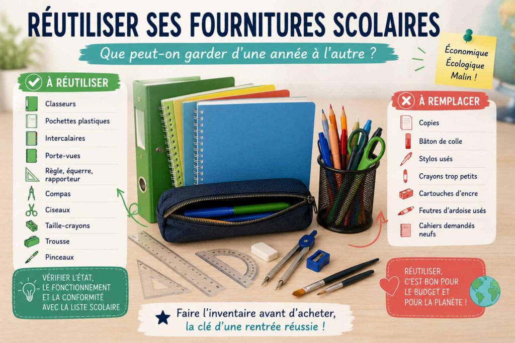 Réutiliser ses fournitures scolaires : classeurs, trousse, règle, compas et pinceaux à conserver pour la rentrée