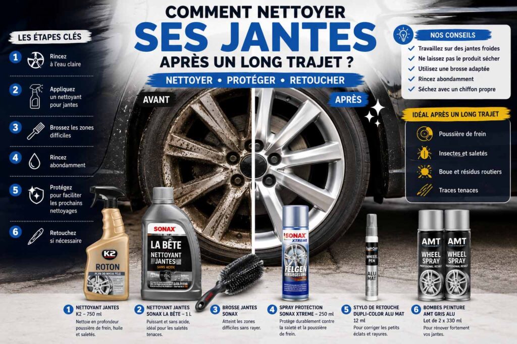 Nettoyer ses jantes après un long trajet : enlever poussière de frein, saletés et traces puis protéger ou retoucher les jantes