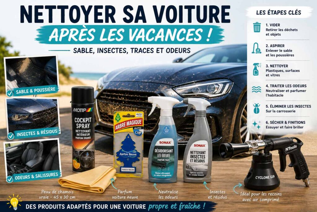 Nettoyer sa voiture après les vacances : enlever sable, insectes, traces et odeurs dans l’habitacle et sur la carrosserie