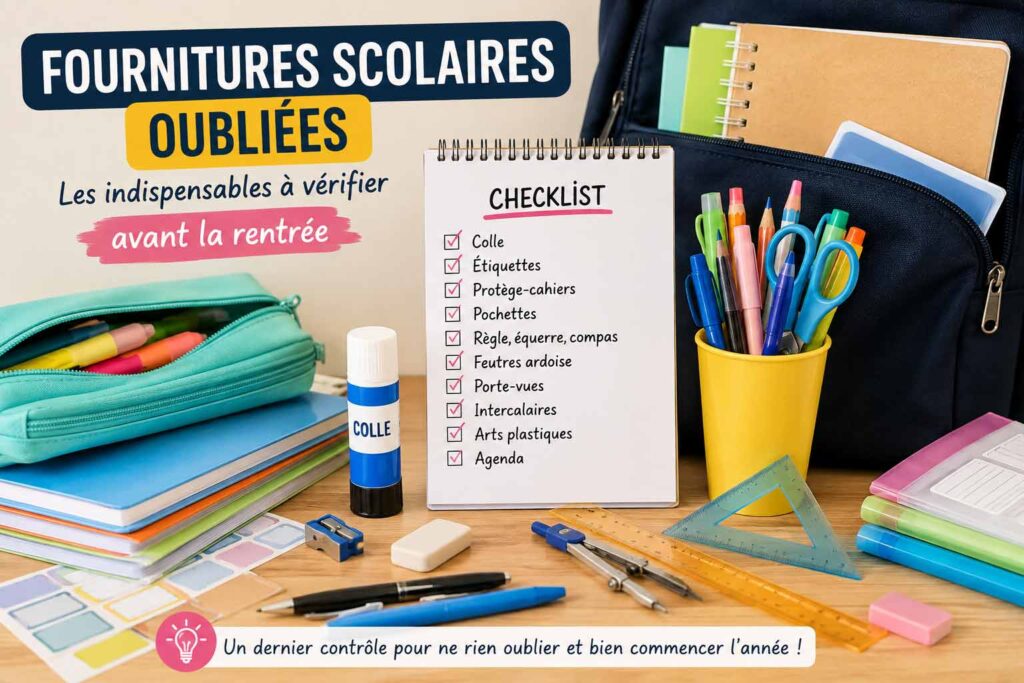 Fournitures scolaires oubliées à vérifier avant la rentrée : colle, trousse, règle, compas et protège-cahiers