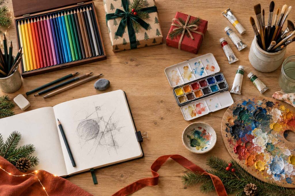 Idées de cadeaux pour artiste peintre et dessinateur avec crayons, aquarelle, pinceaux et carnet de dessin