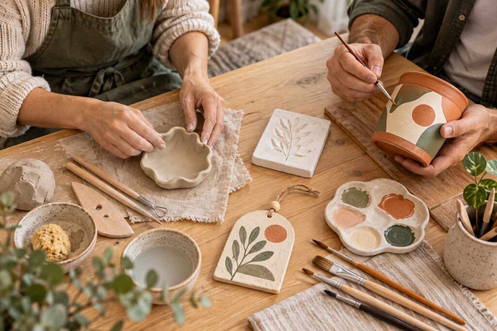 Atelier café céramique à la maison avec argile, plâtre et peinture sur terre cuite