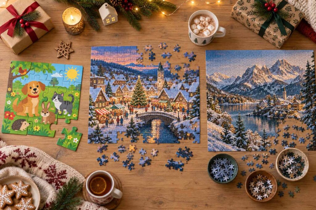 Puzzles de Noël pour enfant et adulte avec différents nombres et formats de pièces