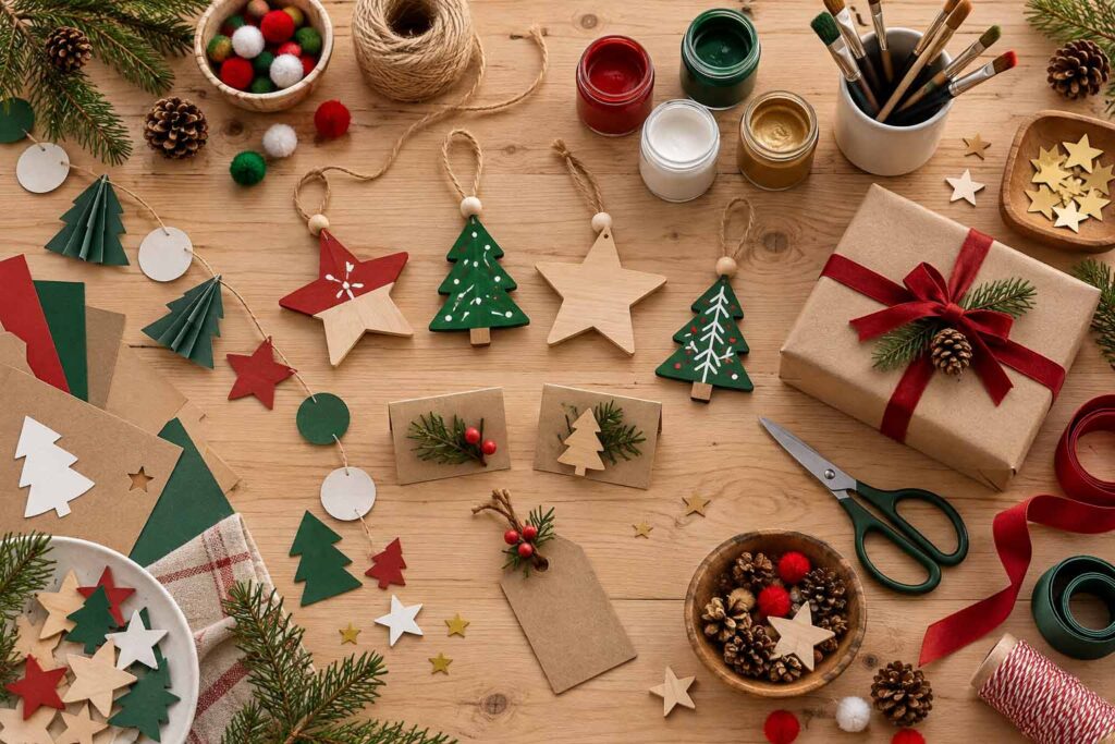 Décorations de Noël à fabriquer soi-même avec objets en bois, peinture, papier, rubans et pompons