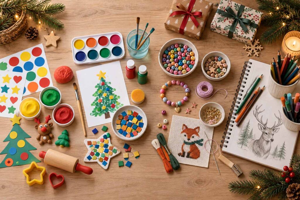 Loisirs créatifs pour enfant avec peinture, modelage, mosaïque, perles, canevas et dessin