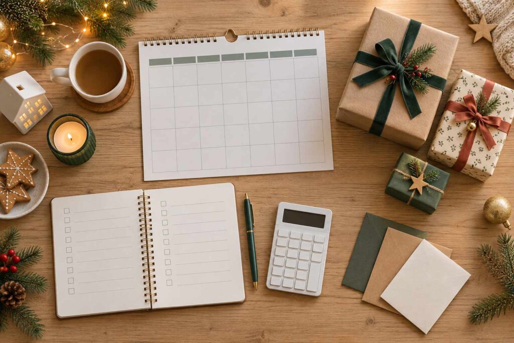 Calendrier des achats de Noël avec liste de cadeaux, budget et paquets à préparer