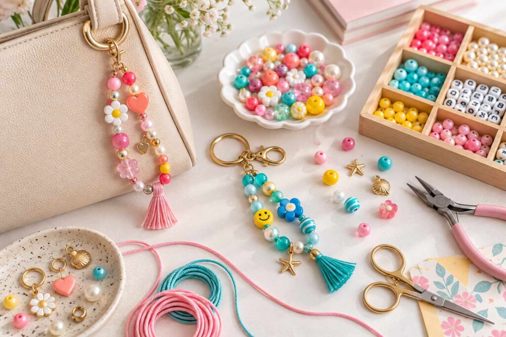 Création DIY d’un charm de sac et d’un porte-clés en perles avec perles colorées, breloques et mousquetons