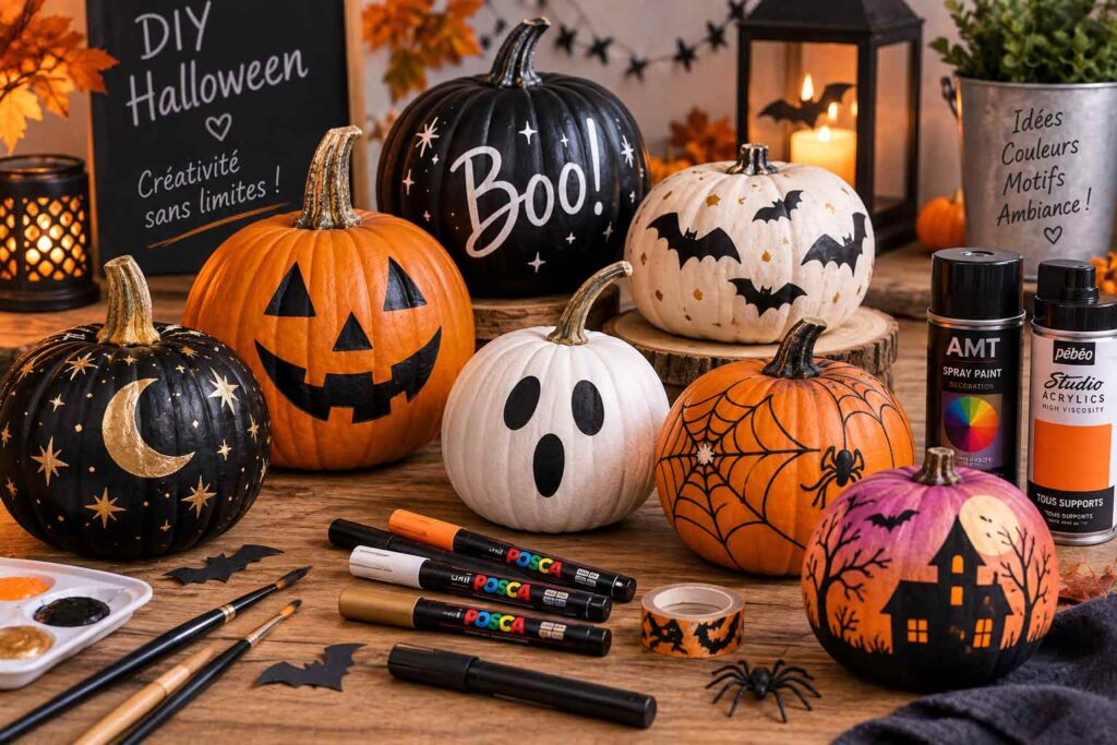 Décorer une citrouille Halloween sans la creuser avec peinture, marqueurs Posca et motifs créatifs