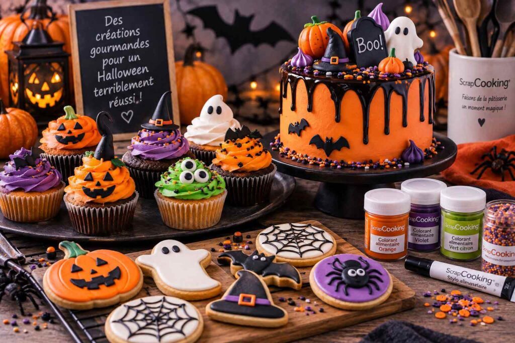 Décoration gâteau Halloween avec cupcakes, biscuits, colorants et décors ScrapCooking