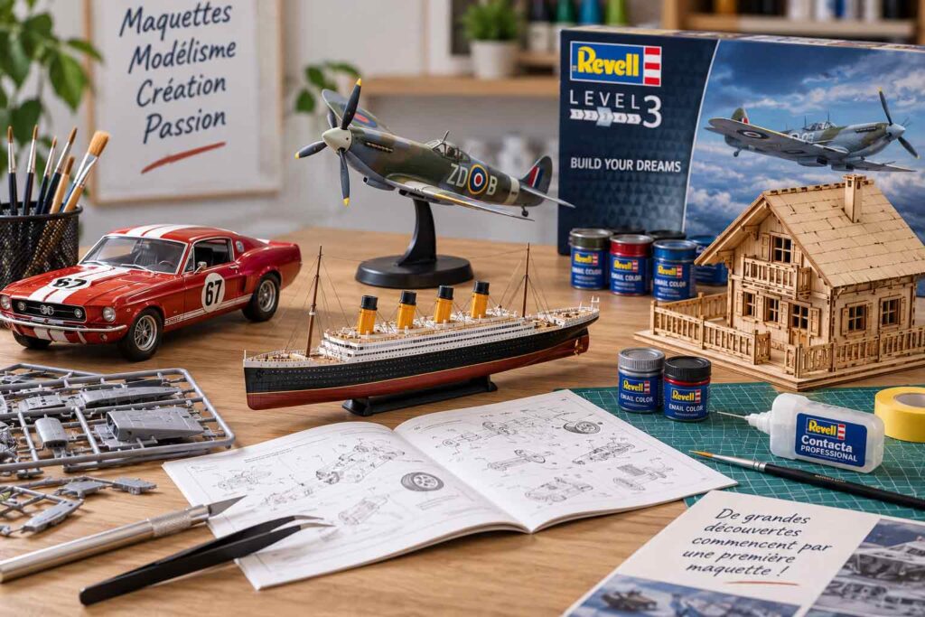 Maquette pour débutant : modèles de voiture, avion, bateau et maison en bois avec peintures et accessoires de modélisme