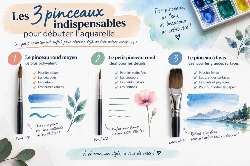 Pinceau aquarelle débutant : pinceau rond moyen, petit pinceau rond et pinceau à lavis