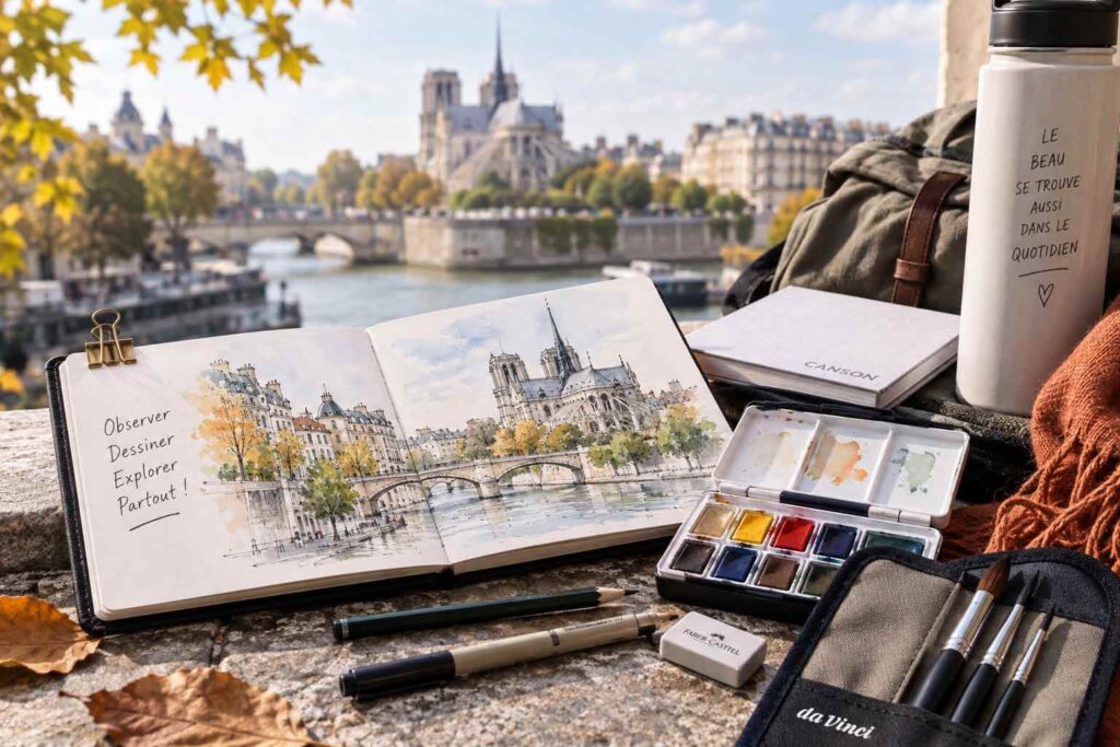 Urban sketching avec carnet de croquis, aquarelle et pinceaux de voyage pour dessiner en extérieur