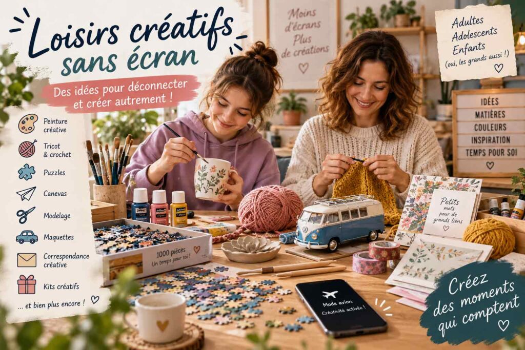 Loisirs créatifs sans écran pour adultes et adolescents : peinture, tricot, puzzle, maquette et activités manuelles