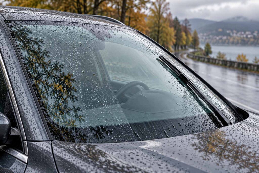 Pare-brise de voiture sous la pluie avec des gouttes d’eau et une zone dégagée par un essuie-glace