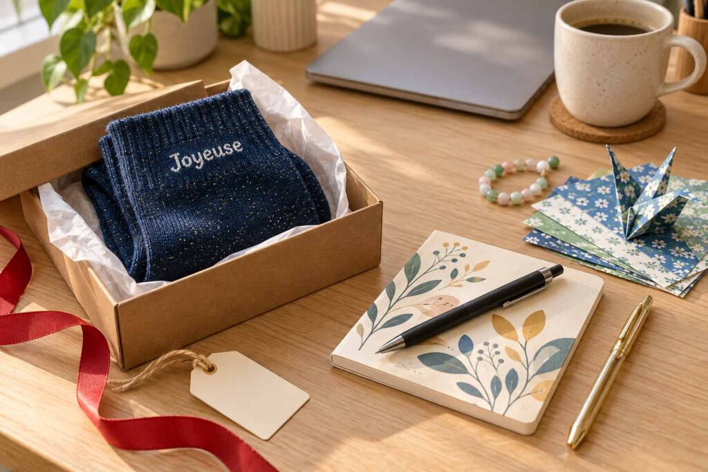 Petits cadeaux pour collègue sur un bureau : chaussettes à paillettes, carnet, stylos et papiers origami