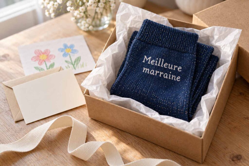 Chaussettes bleues à paillettes “Meilleure marraine” dans une boîte cadeau, avec une carte et un dessin d’enfant