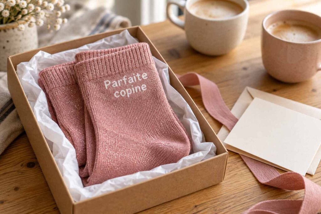 Chaussettes roses à paillettes “Parfaite copine” dans une boîte cadeau pour sa meilleure amie
