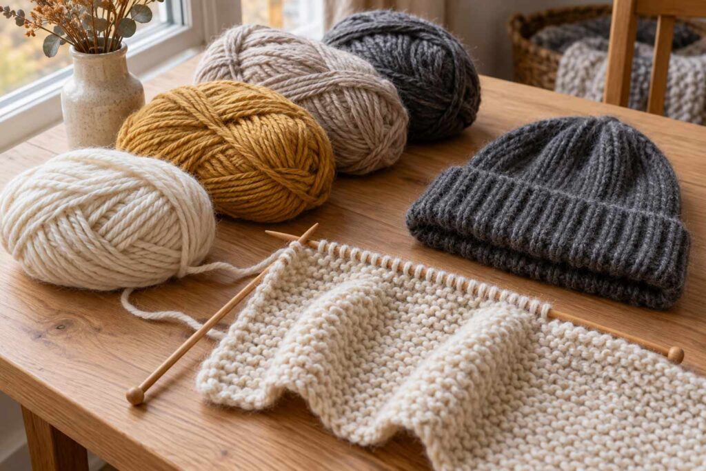 Pelotes de laine écrues, moutarde et grises avec une écharpe en cours de tricot et un bonnet pour l’hiver