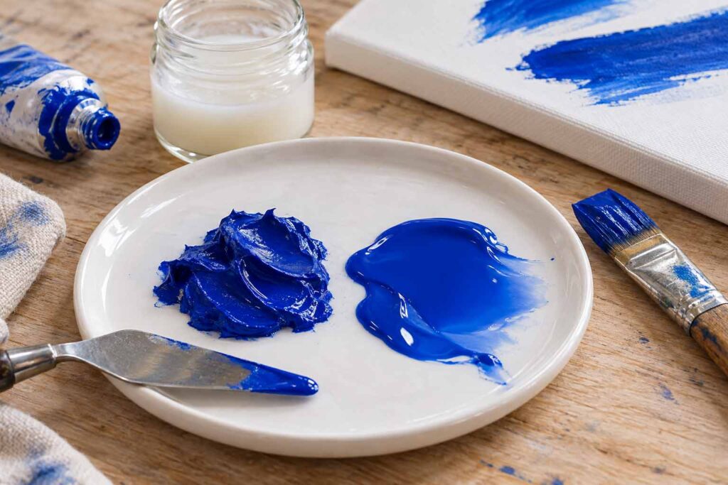 Peinture acrylique bleue épaisse et fluide sur une palette, avec un médium, un couteau à peindre et un pinceau